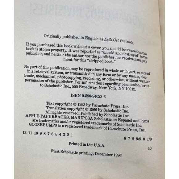 Escalofríos ¡Volvámonos Invisibles! Goosebumps Spanish First Edition Paperback - Picture 11 of 12